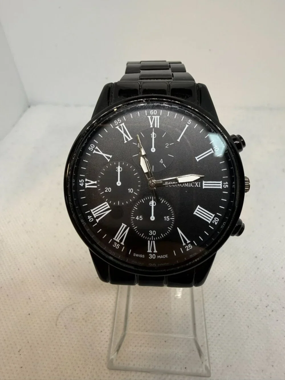 Economicxi Mens Black Dial White Roman Numeral Linked Band Watch New